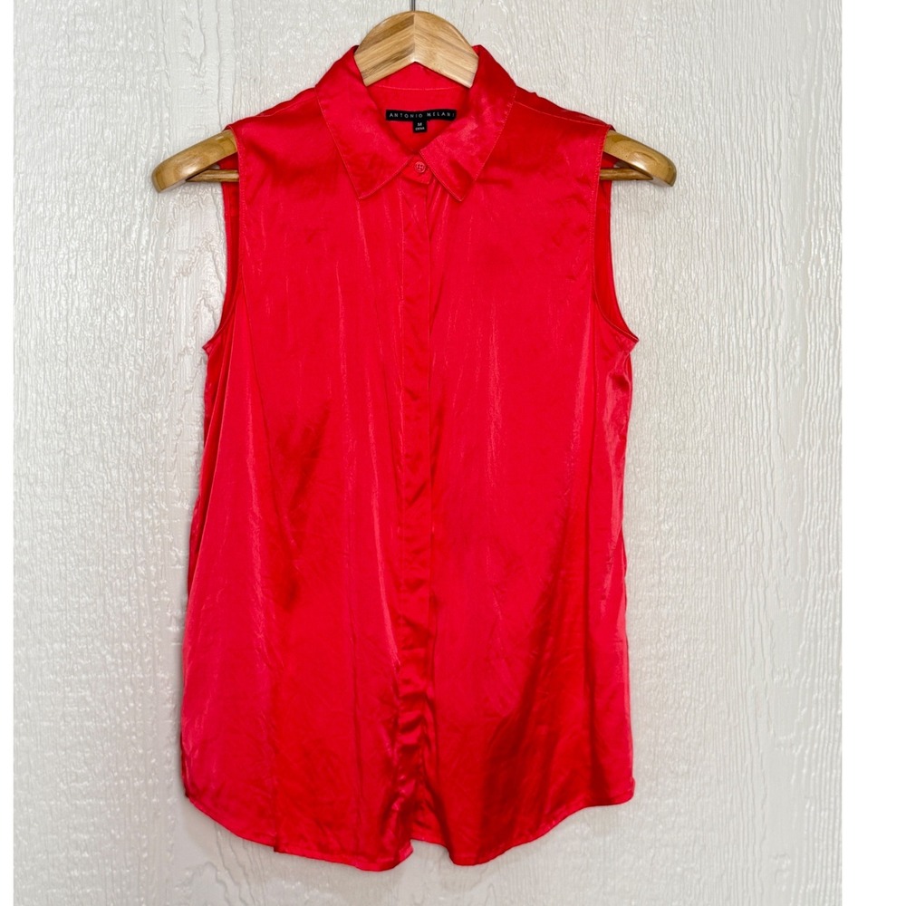 Antonio Melani Red  Festival Silk Sleeveless Button Down Blouse Top Medium
